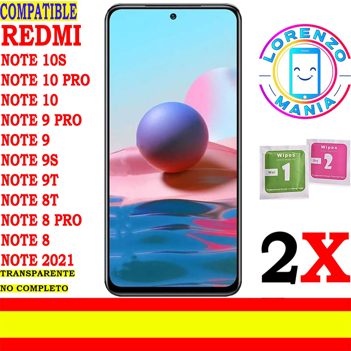 2 X Compatibile Xiaomi Redmi Note 10S, Note 10 Pro, Note 10 5G, Note 10, Note 10, Note 9 Pro, Note 9, Note 9S, Note 9T, Nota 8T, Nota 8 Pro, Nota 8, N