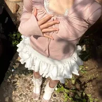 Women Kawaii Lolita Shorts Skirt 2024 Summer Ruffles Layered Patchwork High Waist Mini Skirts Girl Sweet White Pleated Skirt - Image 3