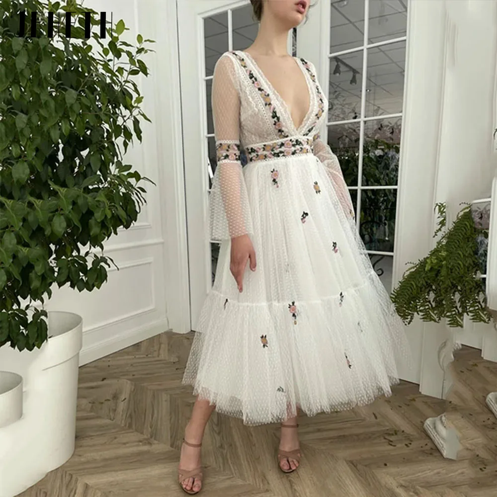 

JEHETH Vintage Dot Tulle Backless Applique Prom Dresses 2022 Lace Deep V Neck Long Sleeves Party Formal Evening Gowns Tea Length