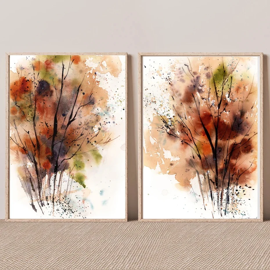 

Абстрактные Осенние деревья акварельные природные настенные художественные плакаты на холсте Рисунок современные картины для гостиной интерьер домашний декор