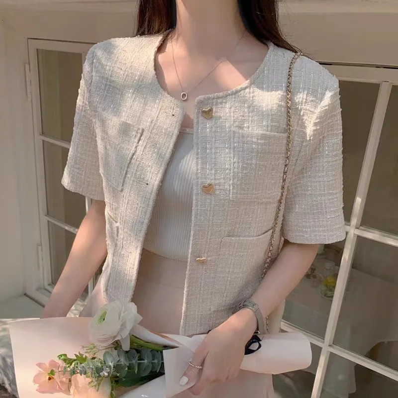 

Jacket Chic Summer French Fragrance Round Neck Love Metal Loose Versatile Short Sleeve Tweed Coat Female Clothing