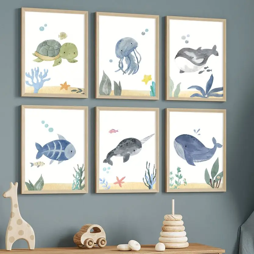 

Starfish Sea Turtle Whale Jellyfish Boho Fish Plant Nursery Art Canvas Posters Prints Wall Painting Pictures Kids Room Decor