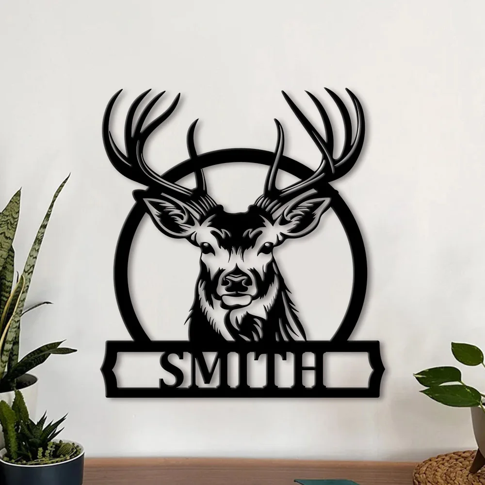Plaque métallique personnalisée cerf nom de famille décoration murale rustique
