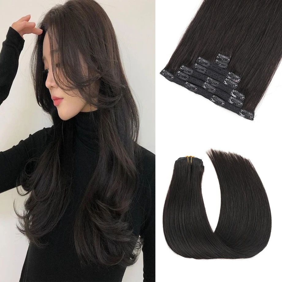 

Clip In Human Hair Extensions Remy Human Hair Straight Natural Black Real Hair For Beauty Asia Women Korea #1 12”-18” 70g