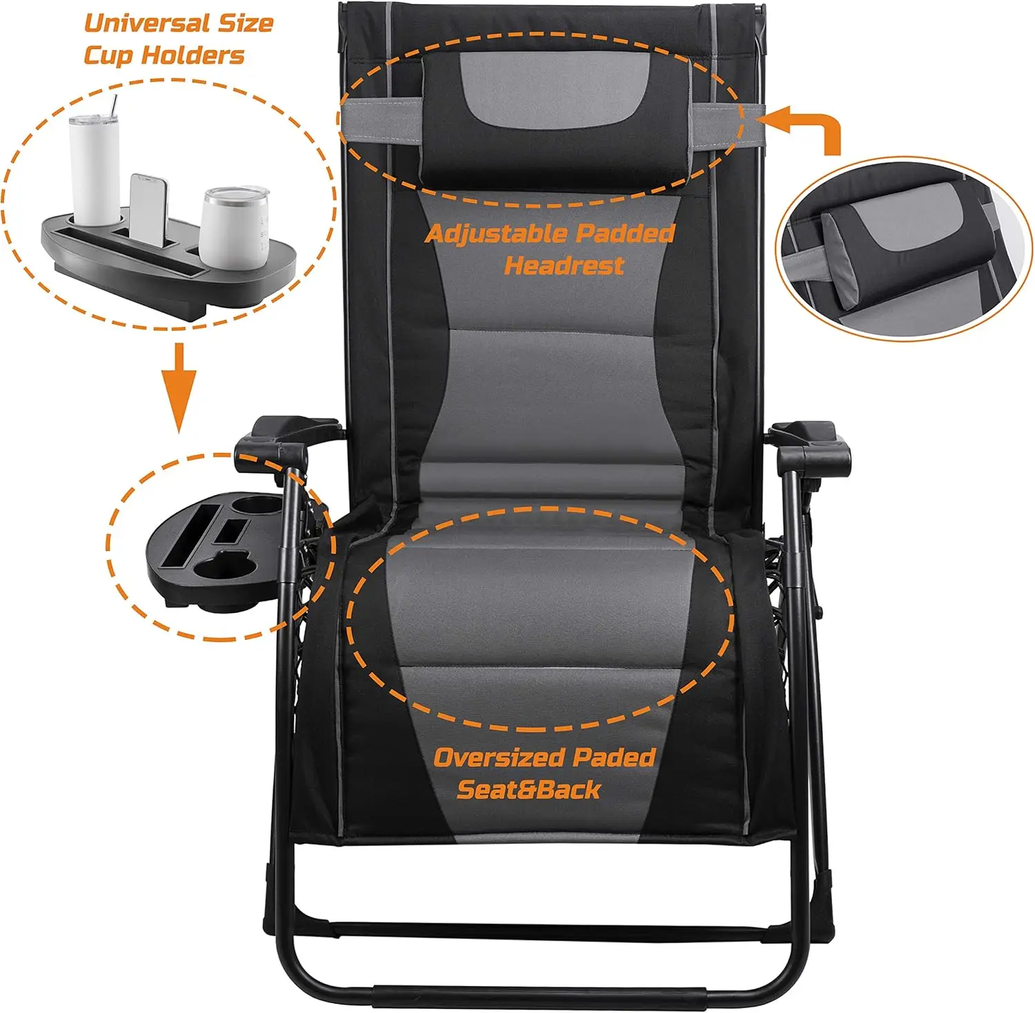 XXL Oversize Recliner Folding Chair for Camping Patio Outdoors Zero Gravity Extra Wide Reclining Padded Seats with Sunshade and - Image 2