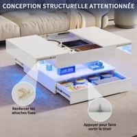 Table basse Superaly avec éclairage LED, table de salon avec 2 tiroirs et espace de rangement dissimulé, table d'appoint, finition brillante, pour salon, bureau, blanc 7