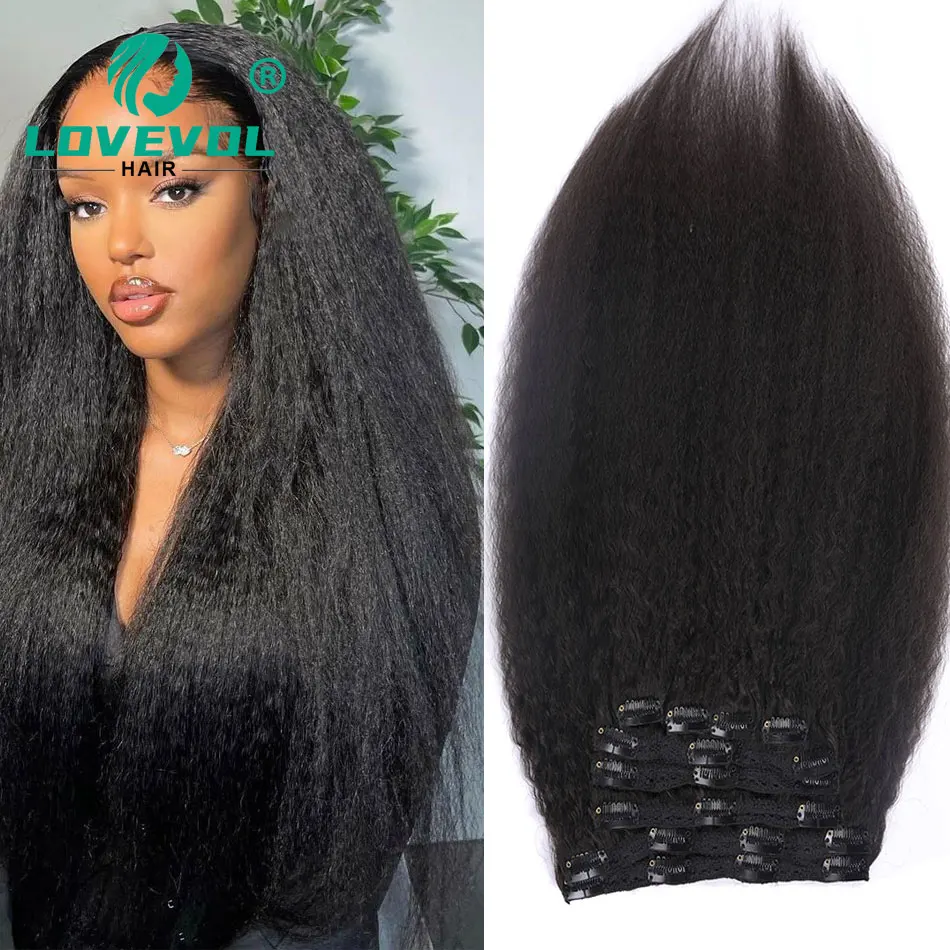 Kinky Straight Clip In Hair Extensions Human Hair Natural Color Brazilian 100% Real Remy 120G 10Pcs/Set Full Head for Women