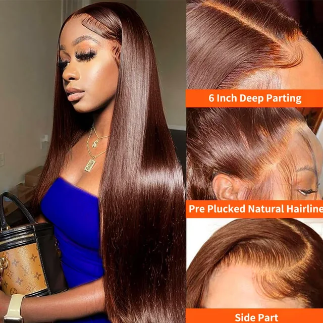 13X4 Chocolate Brown Lace Front Wigs Pre Plucked 30 Inch Brown Colored Bone Straight Synthetic Lace Frontal Wig For Black Women 2