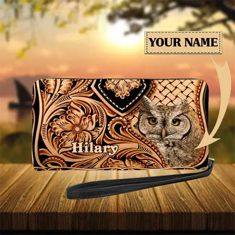 Custom Your Name Owl Pattern Women's PU Leather Wristlet Clutch Cell Phone Wallet Multi Card Organizer Wallet Purse Portefeuille