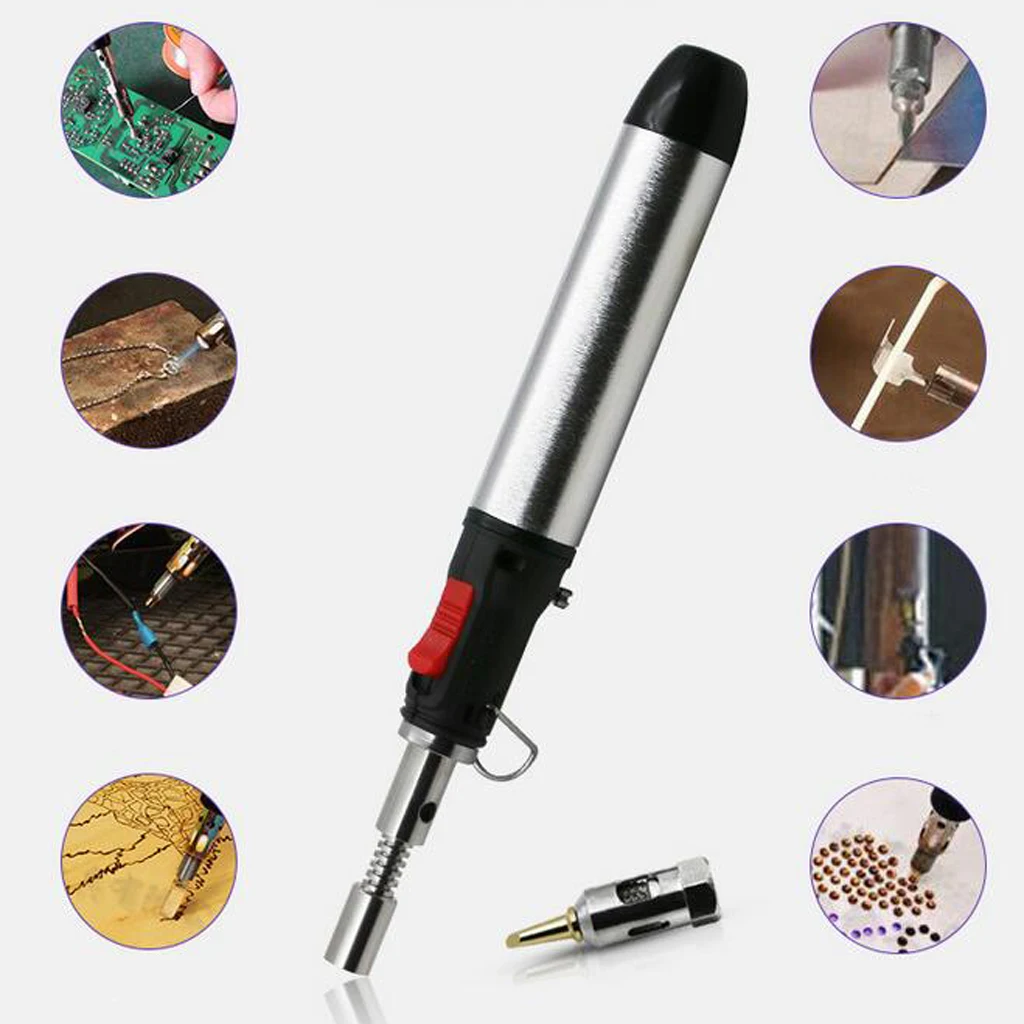 Gros plan sur la pointe du fer à souder gaz sans fil, outil de modelisme portable et puissant, chauffant une soudure.