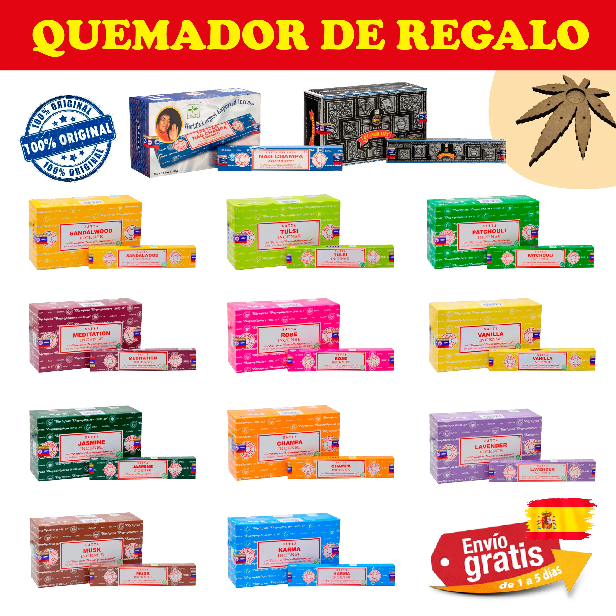 Originale Satya Nag Champa Incenso, Goloka Agarbathi Palo Santo Reiki Cannella Soldi Lavanda Rosa Rosmarino Naturale Namaste Pachuli Tulsi Coni (Fatto