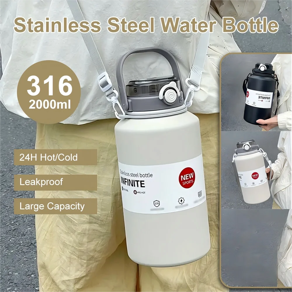 2000ml Large Capacity Stainless Steel Thermos Portable Vacuum Flask Insulated Sports Water Bottle for Outdoor Use