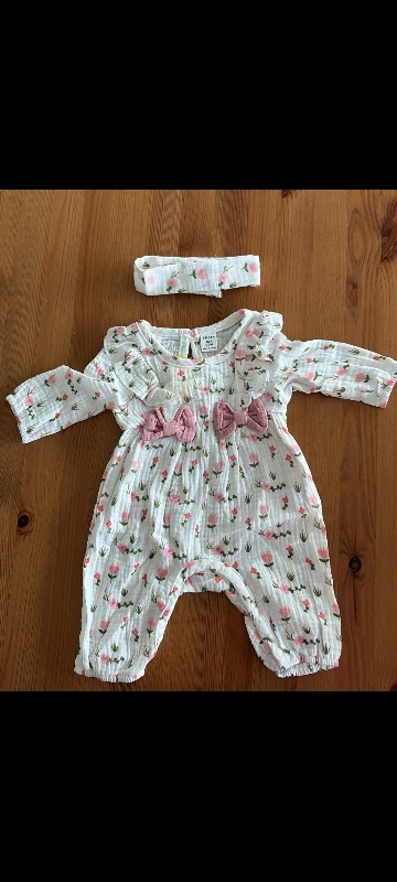 Baby Floral Bow Long-Sleeve Jumpsuit & Headband Set, 0–6M photo review