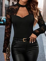 2025 Plus Size Fashion Pick! Black Lace - Patchwork Cutout Top (Plus Size). Delicate Lace on Sleeves & Neckline, Chest Cutout Fo
