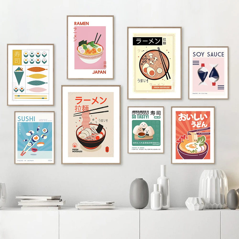 

Japanese Food Posters Sushi Ramen Takoyaki Soy Sauce Wall Art Canvas Painting Abstract Line Prints Kitchen Restaurant Wall Decor
