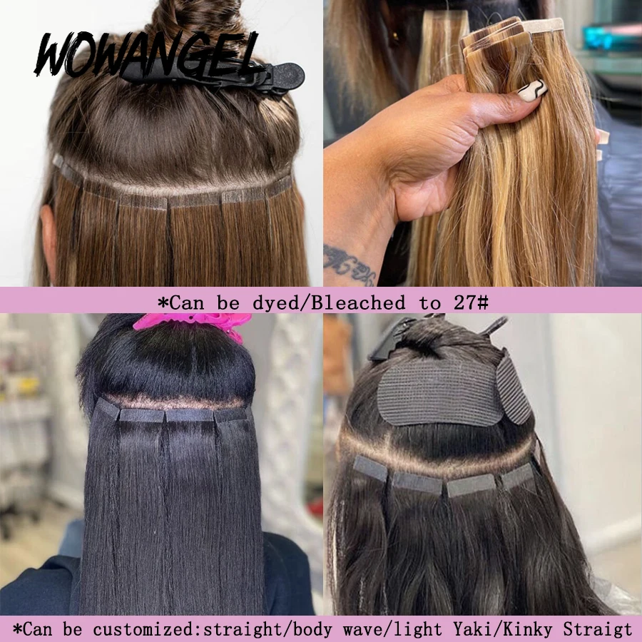 Wowangel Kinky Straight Tape Ins Human Hair Extensions For Black Women 100% Remy Hair Adhesive Invisible Brazilian Natural Black