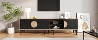 Подставка под телевизор 180 см для 80-дюймового телевизора, низкой панели с 2 шкафами и открытыми полками. Современная медиаконсоль из дерева и черного цвета для гостиной. — изображение 5