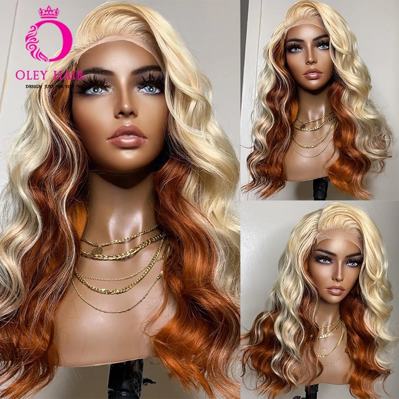 

Ombre Ginger Body Wave 30 Inch Blonde Color 13x4 Synthetic Lace Front Heat Resistant Glueless Cosplay Wigs With Baby Hair 180%