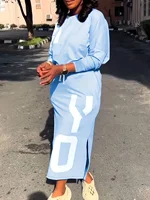 Plus size women's spring &summer letter-printed round neck short long-sleeved top and hip-covering slit skirt sporty fashion set - Image 3