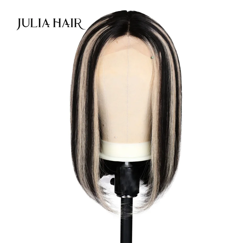 

Julia Human Hair 4x0.75 T Part Lace Bob Wig 150% Density pre-plucked bleach knots Piano Color Highlights Flash Sale For Women