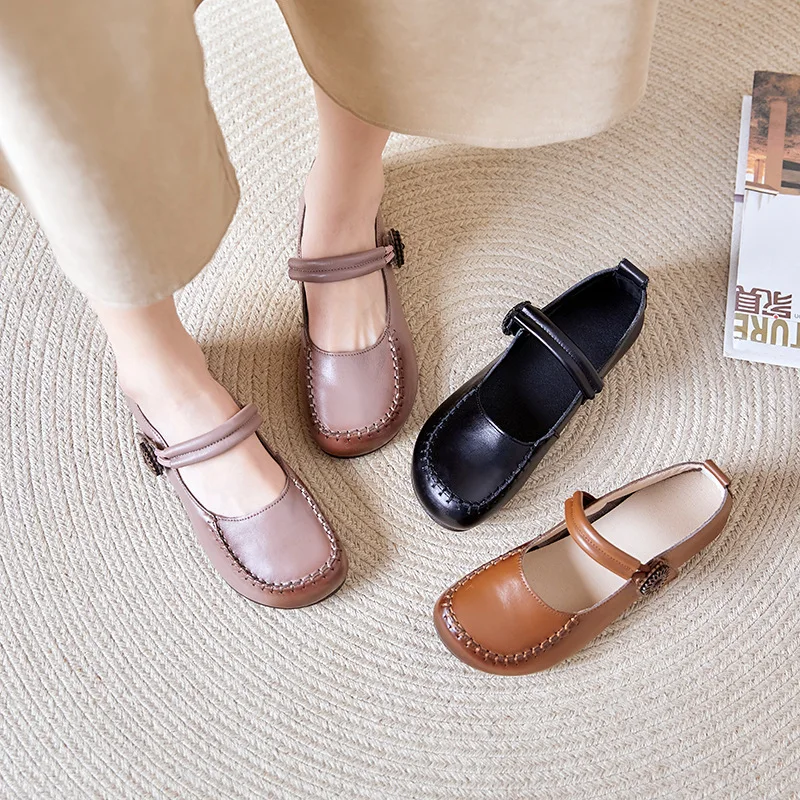 

Women Mary Jane Shoes 2024 Spring comfortable Genuine Leather Vintage soft soled mother shoes Pointed Toe Ballet Flat Casual Sho