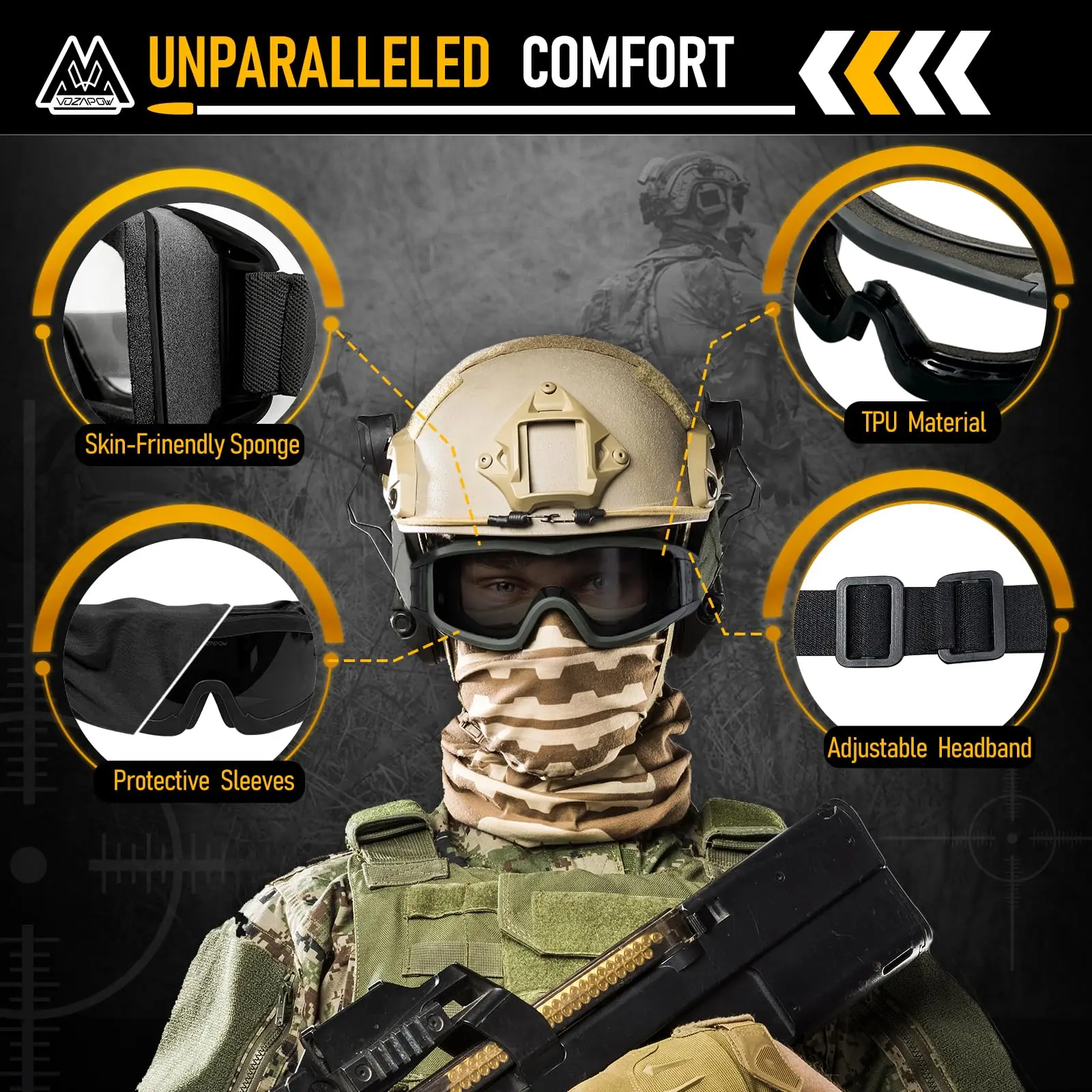 Vozapow Airsoft Tactical Goggles Professional Impact Resistant Safety Anti Fog Sunglasses UV400 Mountaineering Shooting Glasses