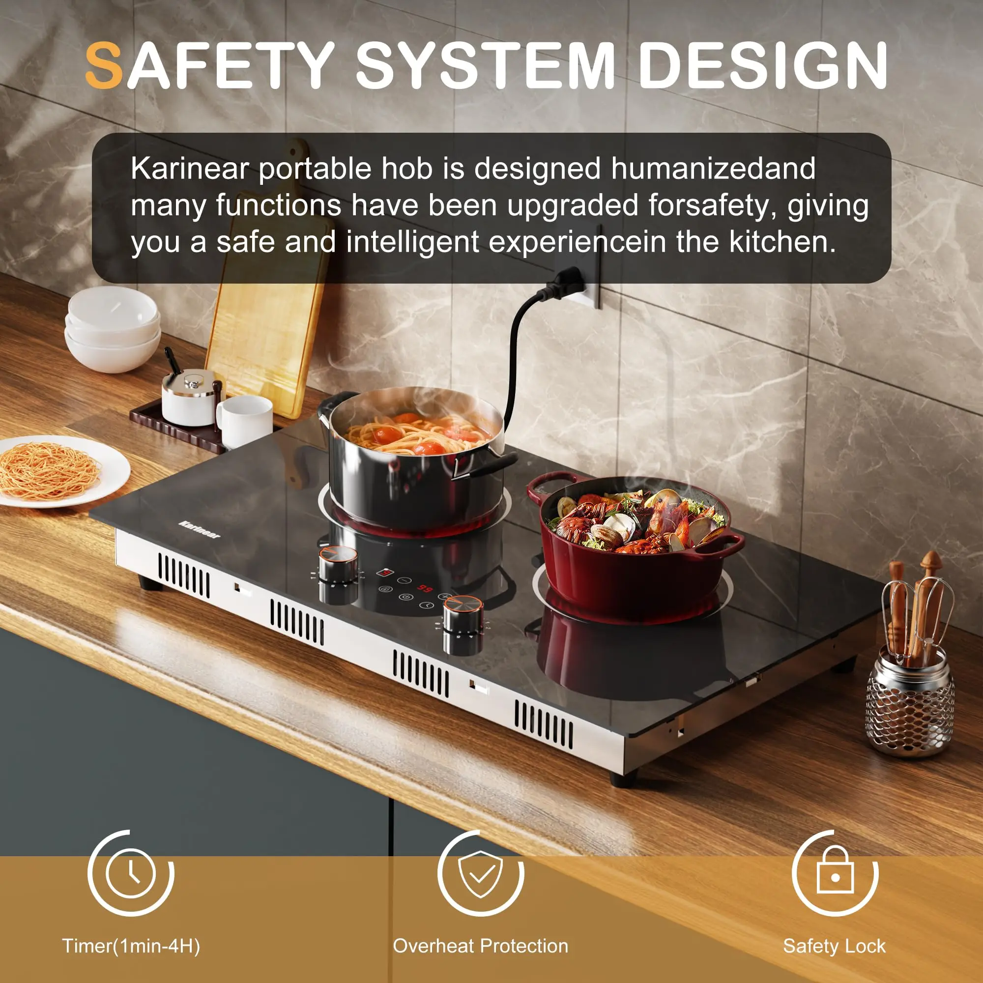 Karinear Electric Cooktop 2 Burner, 110V Electri Stove Top, 2000W Knob Control & Sensor Touch Electric Hot Plate for Countertop or Built-in Install, Timer, Safety Lock, 9 Power Level, 24 Inch 2
