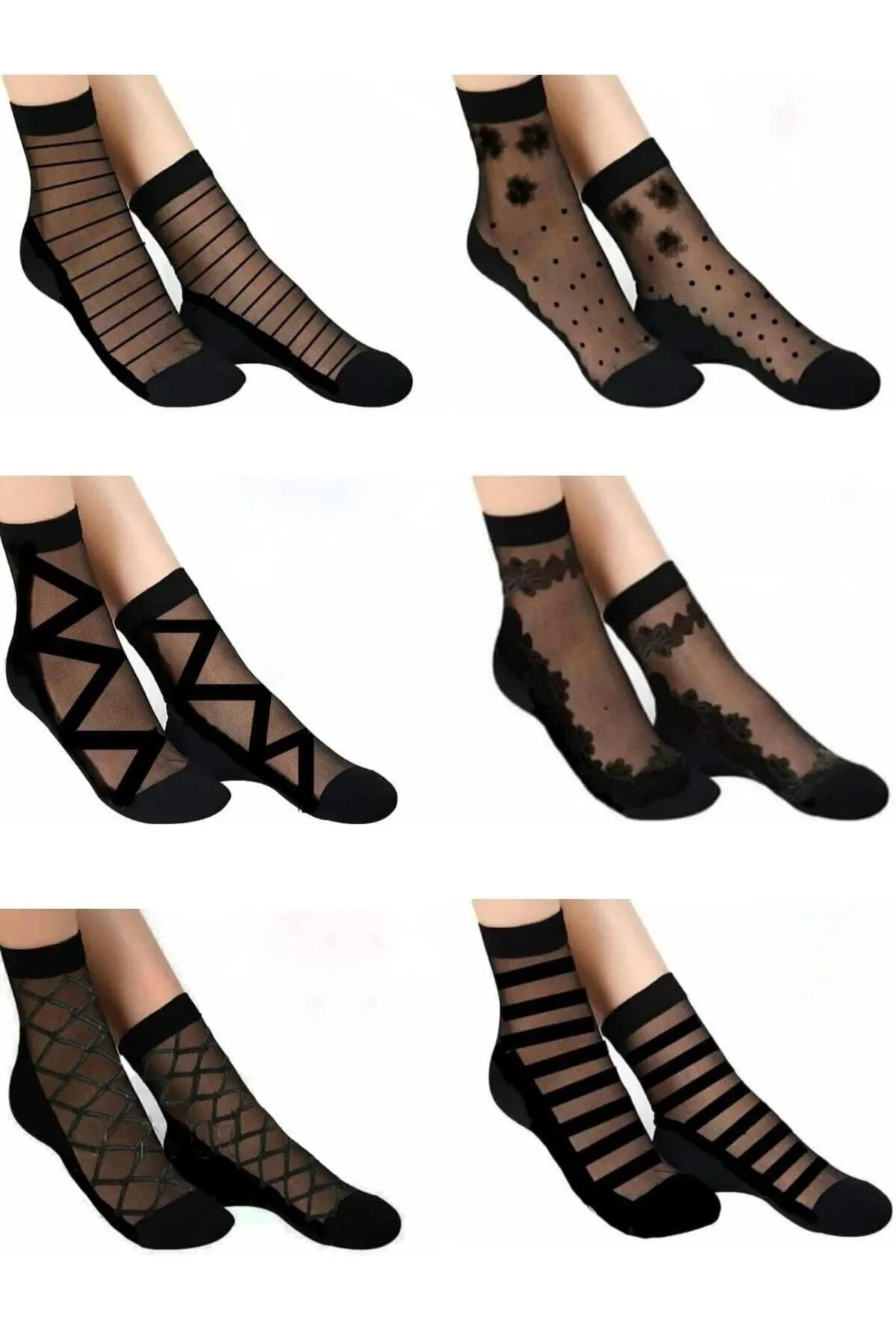 6 Pieces Women's Socks Tulle Patterned Transparent Stylish
