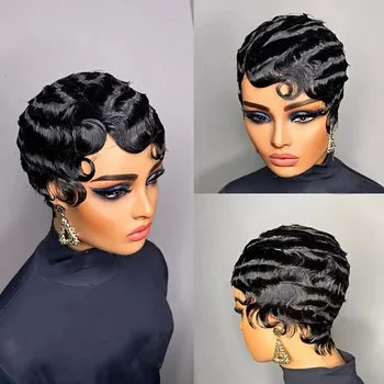 Short Finger Wave Wig Human Hair Wig For Women 99J Burgundy Brown Short Ocean Wave Wig Pixie Cut Wigs for Woman Natural Color