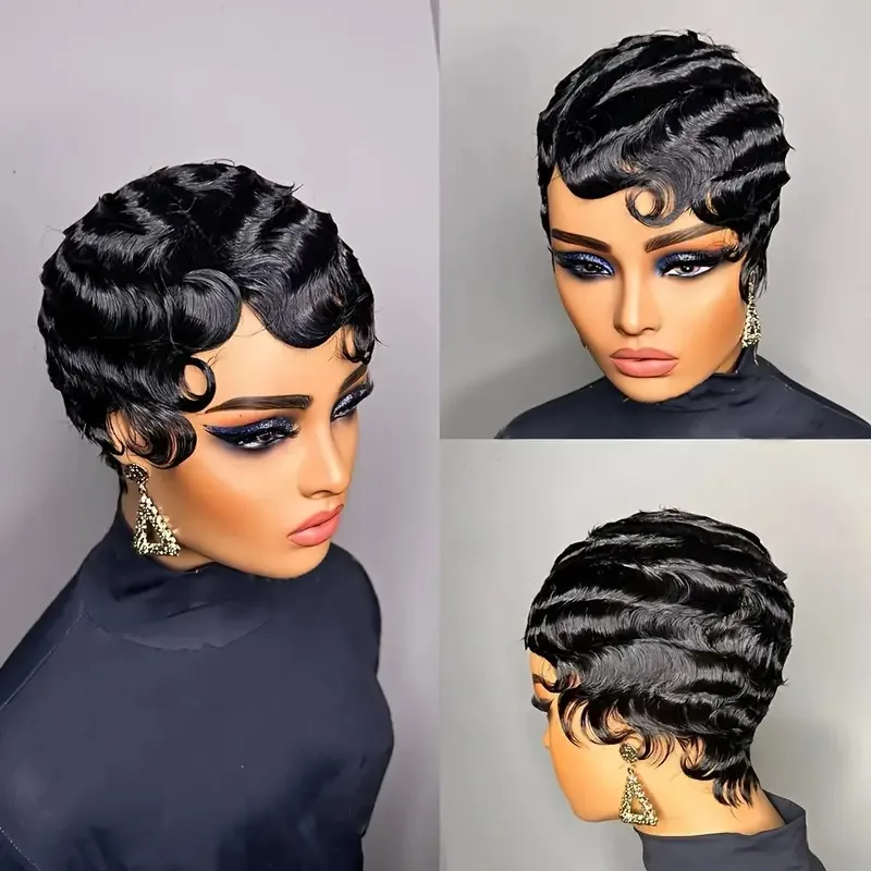 Short Finger Wave Wig Human Hair Wig For Women 99J Burgundy Brown Short Ocean Wave Wig Pixie Cut Wigs for Woman Natural Color