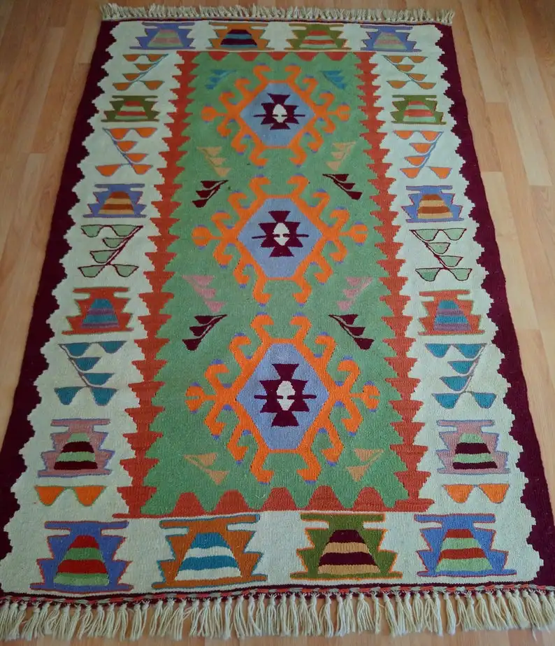 

Turkish Handmade Anatolian Wool Kilim Rug, Oushak Hand-knotted Green and Orange Kilim, Handwoven Vegetable Dyed Kilim Rug