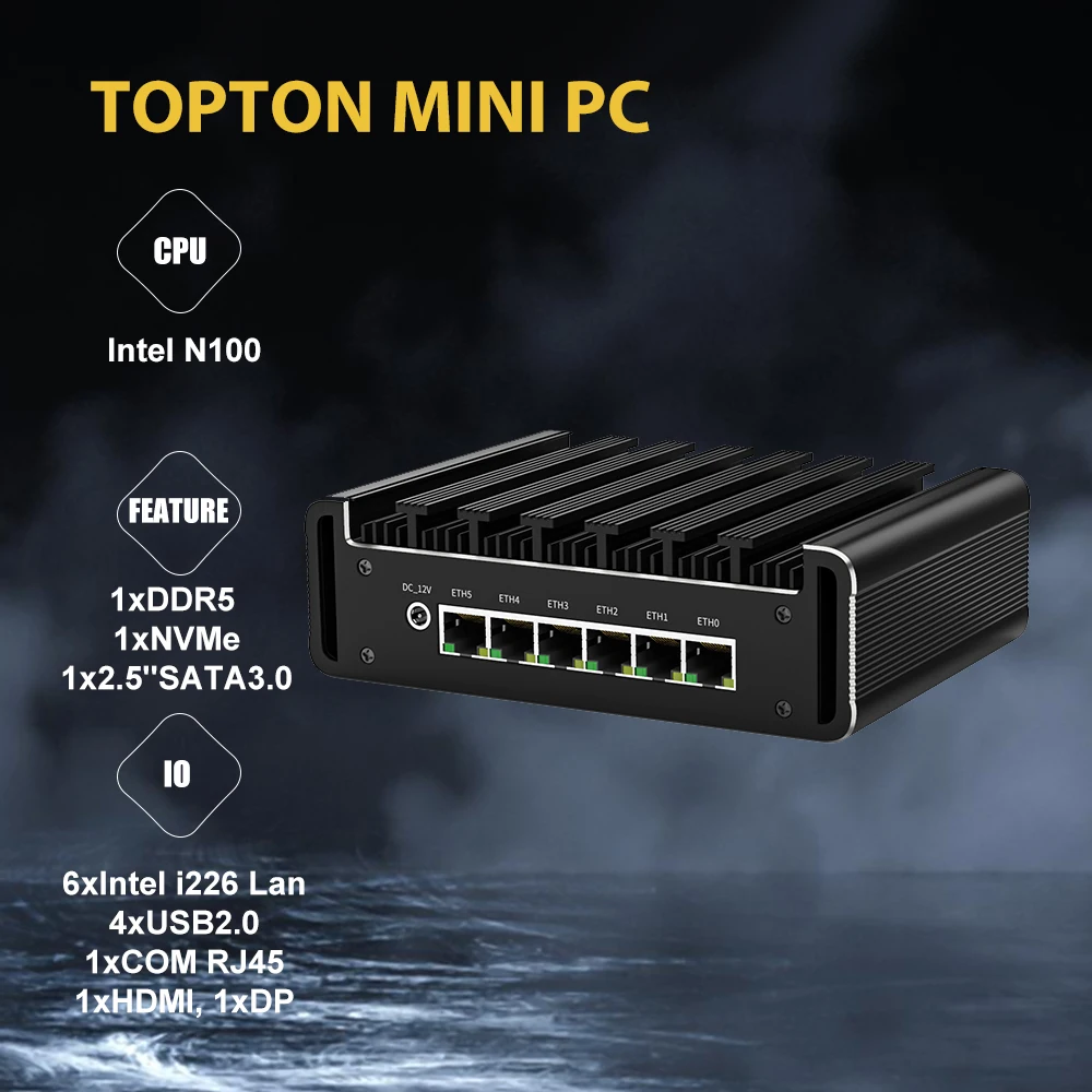

Мини-ПК с четырехъядерным процессором N100, DDR5 8 ГБ ОЗУ 2024 ГБ NVMe SSD, 6x128 GbE i226V LAN Безвентиляторный Компьютер Ethernet, микромаршрутизатор,
