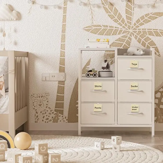 5-Drawer White Dresser - 2-Tier Shelf & Fabric Storage - Sturdy Metal Frame - Modern Design - Compact for Bedroom, Closet 6