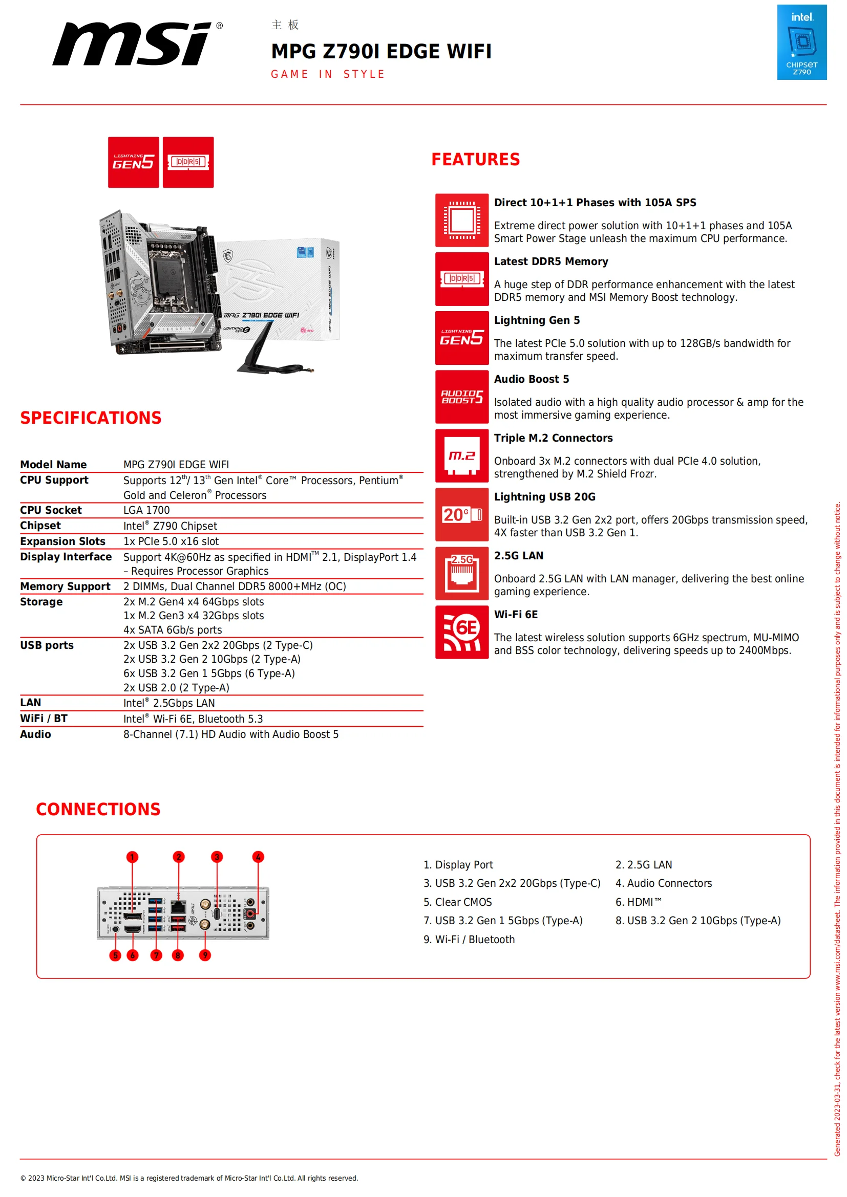 MSI MPG Z790I EDGE WIFI Mini-ITX - Carte mère MSI 