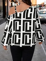plus Size Fashion Geometric Print Top Metal Ring Buckle One Shoulder Design Long Sleeve Women's Shirt - Image 2