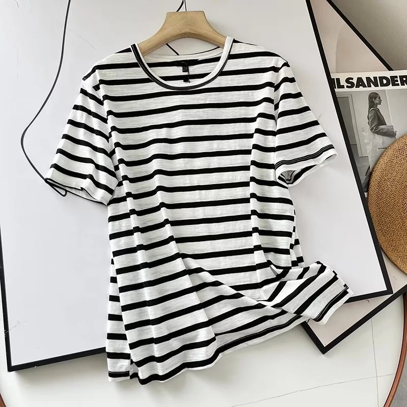 

Jenny&Dave Summer T-shirt Female Casual Cotton Commuter Top British Fashion Ladies Striped T-shirt Women