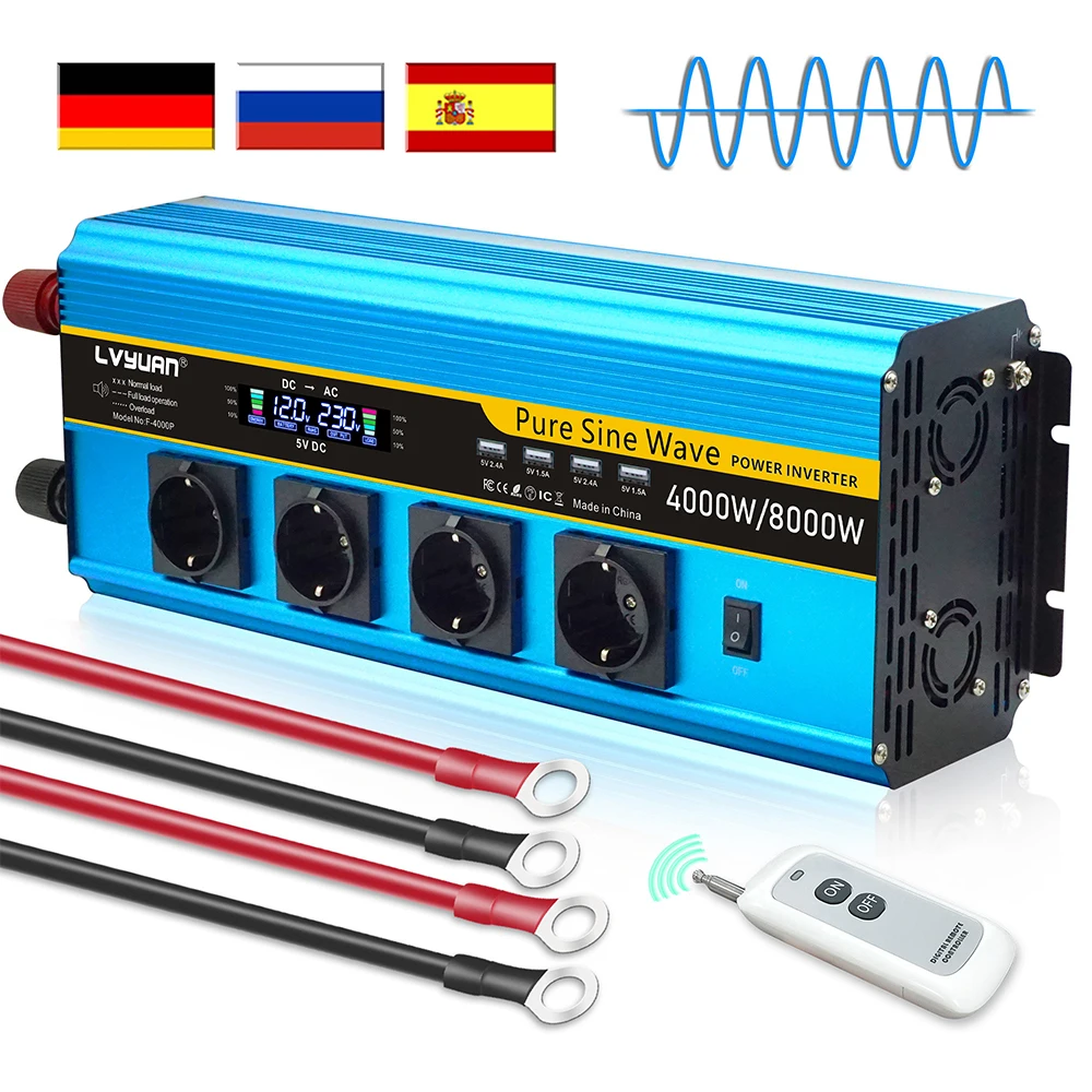 순수 사인파 태양광 인버터, USB 듀얼 LCD 디스플레이, EU 소켓, 8000W, 5000W, 4000W, 3000W, DC 12V, 24V, AC 220V, 230V