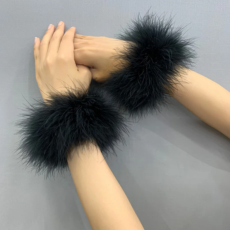 Pair Ostrich Fur Cuffs for Women, Real Ostrich Feather Slap