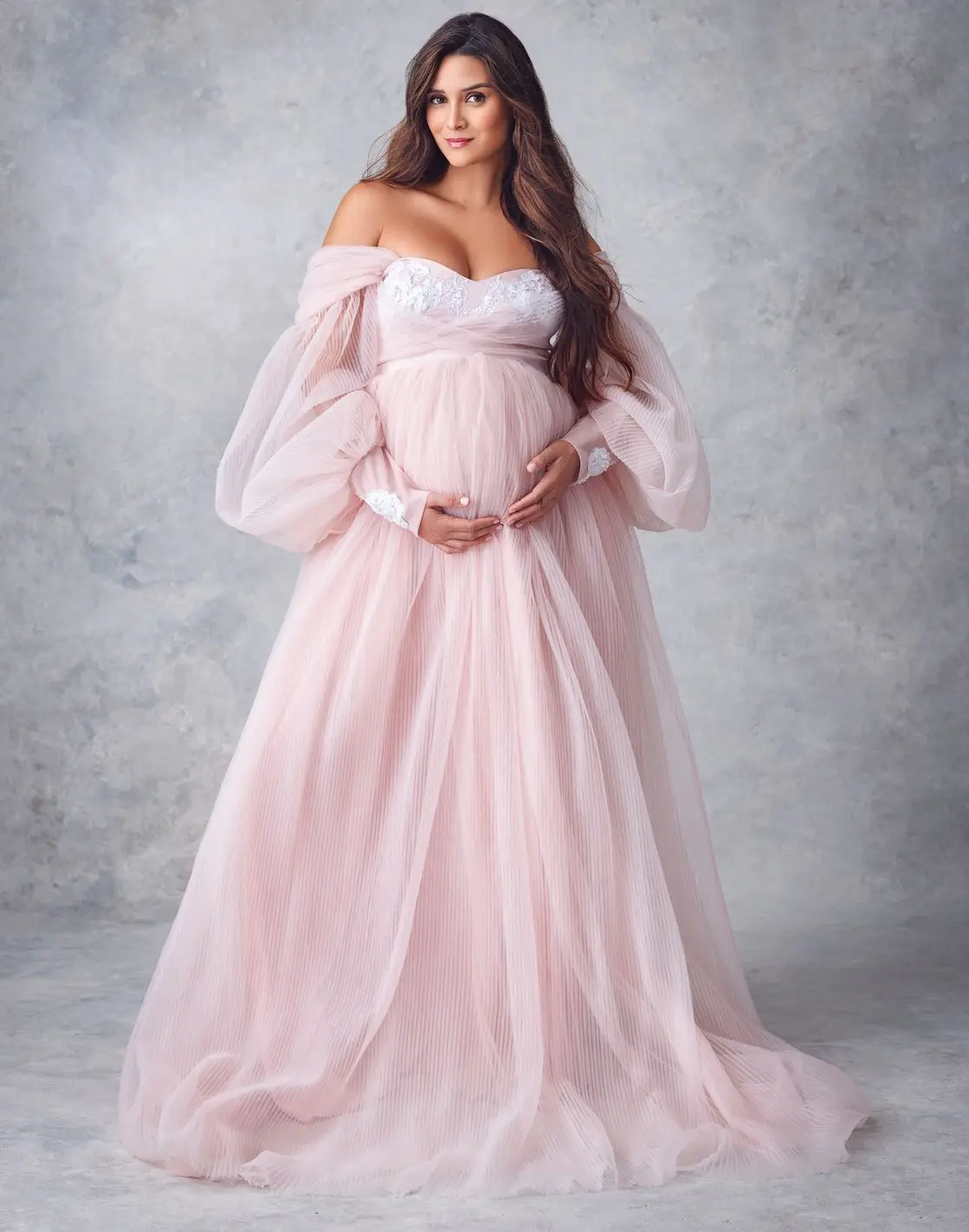 

Blush Pink Maternity Dress for Photoshoot Off The Shoulder Lace Top Women Tulle Prom Dress Outfit Maxi Gown Pregnancy Babyshower