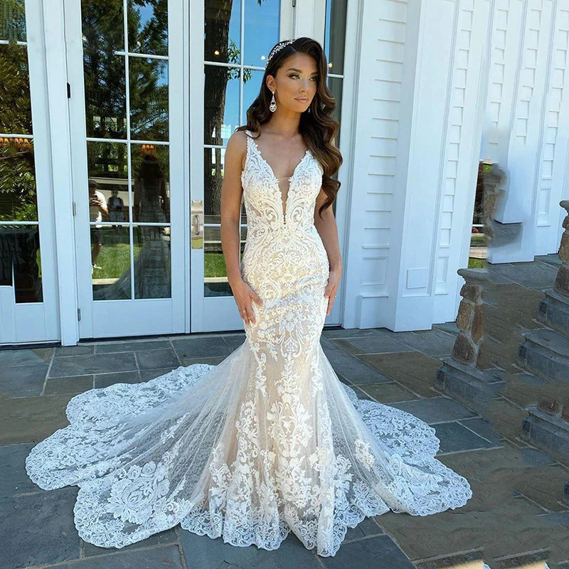 

Mermaid Lace Wedding Dresses 2022 Spaghetti Strap Soft Tulle Backless Bridal Gowns Sleeveless Vintage Country Wedding Gown C2609