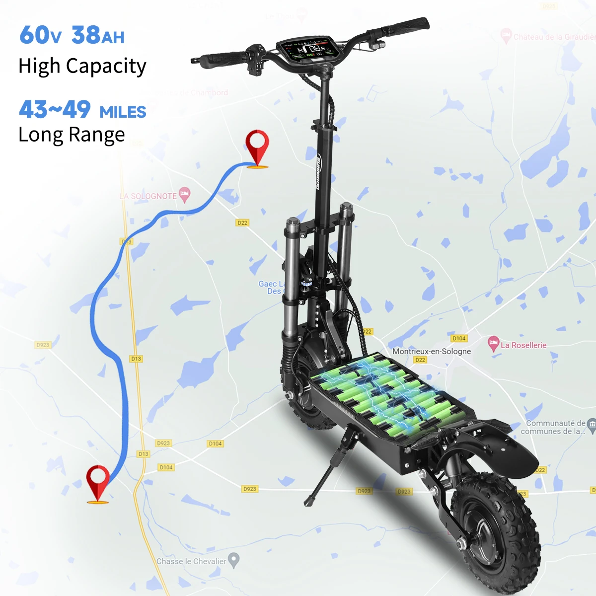 Electric Scooter Off-Road Dual Hub Motor 6000w Foldable 60V 38Ah 49MPH 43-49Miles Long Range