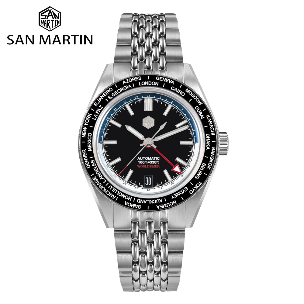 San Martin Design 39.5mm New Men Watch World Time Sport Travelers NH34 GMT Automatic Mechanical Watches Luminous 10Bar SN0116