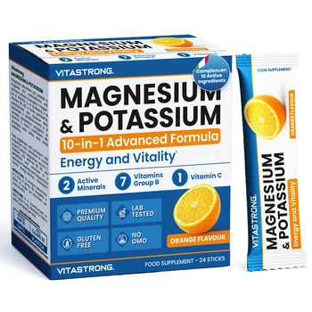 Vitastrong Magnesium & Potassium 10-in-1 Formula – 24 Sticks con Vitamina C e B-Vitamine, Gusto Arancia, Senza Saccarosio, Senza OGM, Senza Glutine