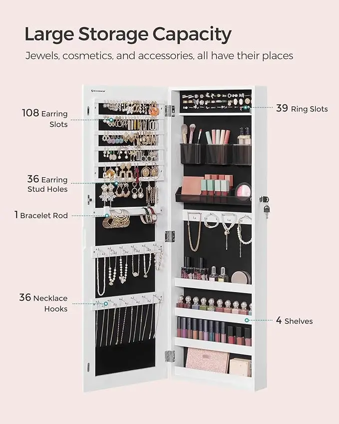 Wall-mounted jewelry armoire with mirror. Includes 2 trays, lockable white design. 3