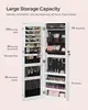 Wall-mounted jewelry armoire with mirror. Includes 2 trays, lockable white design. 3