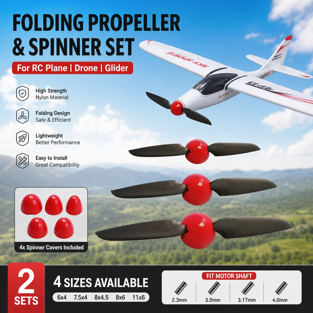 2 Sätze Faltpropeller 6 x 4 7,5 x 4 8 x 4,5 8 x 6 11 x 6 für RC-Flugzeug-Drohnen-Segelflugzeug mit Spinner-Abdeckung 2,3/3,0/3,17/4,0 mm Motorwelle