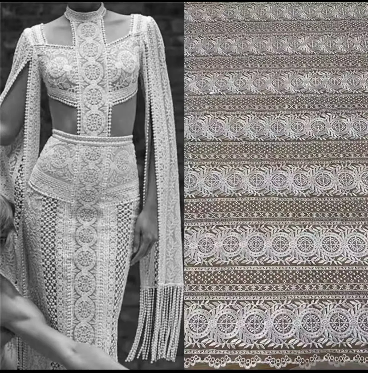 최신 스트립 고밀도 오프 화이트 자수 Labric DIY 바느질 드레스, 얇은 명주 그물 프랑스어 레이스 의류 웨딩 드레스 원단, 1 야드