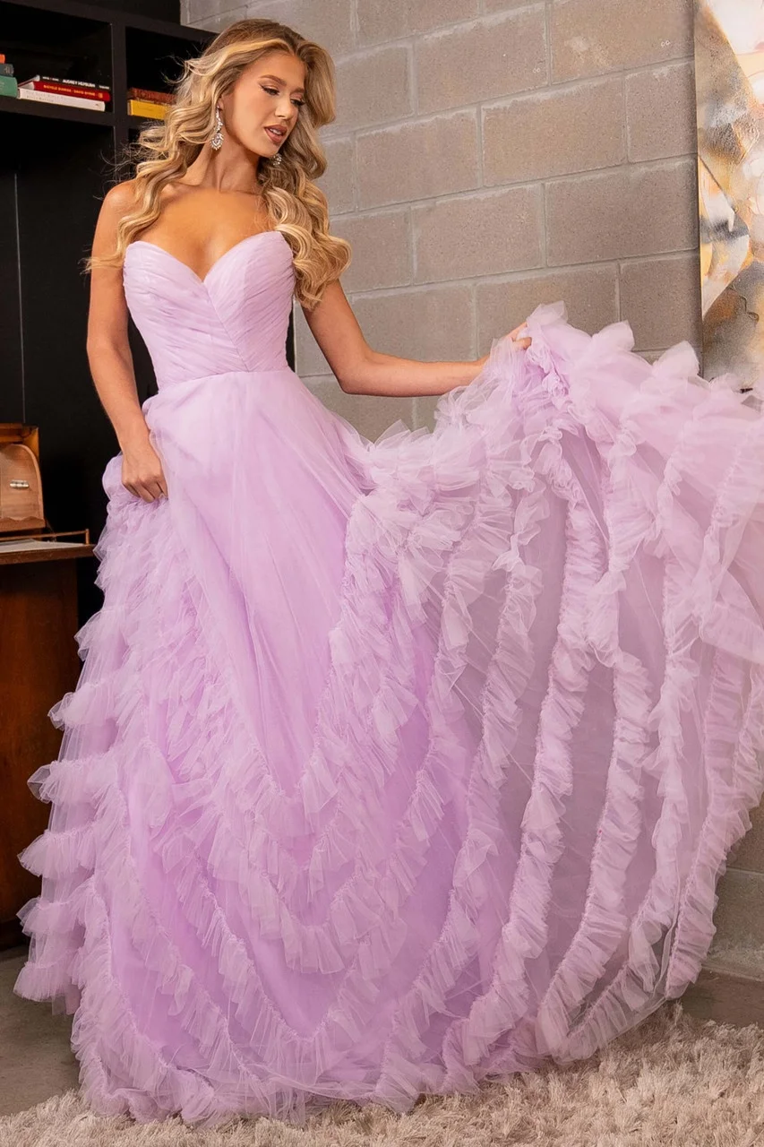 

Gorgeous Strapless Tiered Ruffle Long Prom Dress 2024 Women'S Sweetheart Neck Tulle Ball Gowns Long Formal Evening Party Dresses