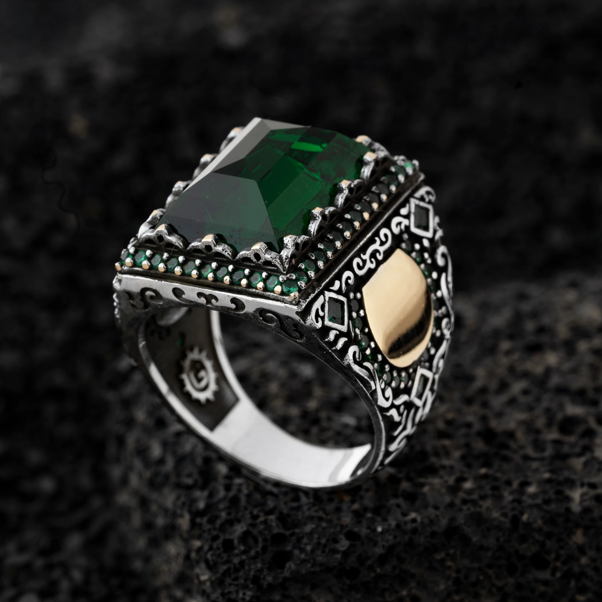 

Vintage Turkish Signet Ring For Men Antique Silver Color Inlaid Green Zircon Locomotive Punk Ring