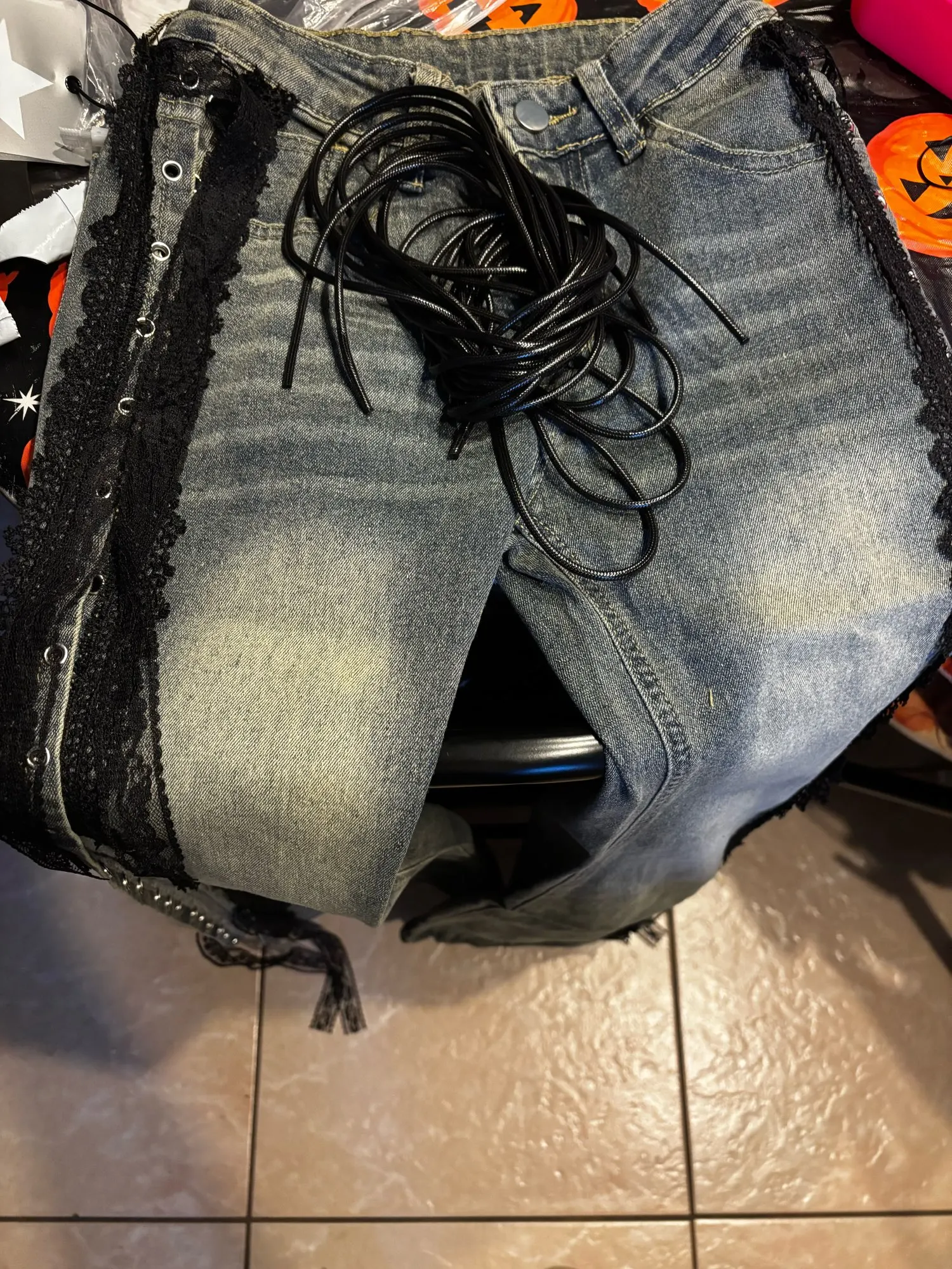 Women Dark Academia Goblin Core Harajuku Y2K Low Rise Lace Jeans Abi Denim Flare Pants Bell-Bottom Y2k Japanese Goth Gyaru Kpop photo review